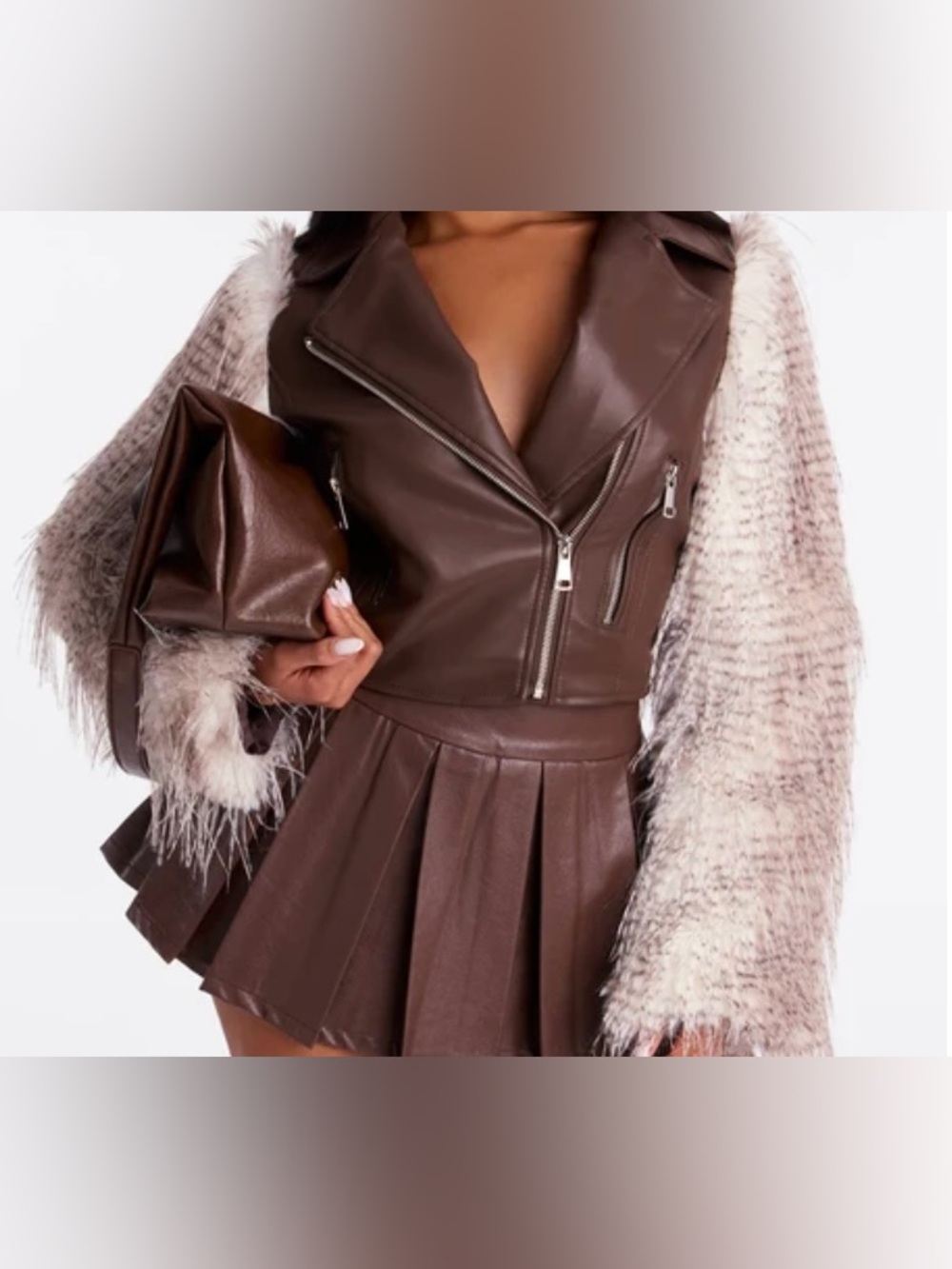 Fashion Nova Dark Brown Faux Leather Moto Jacket with white Faux Fur Sleeves